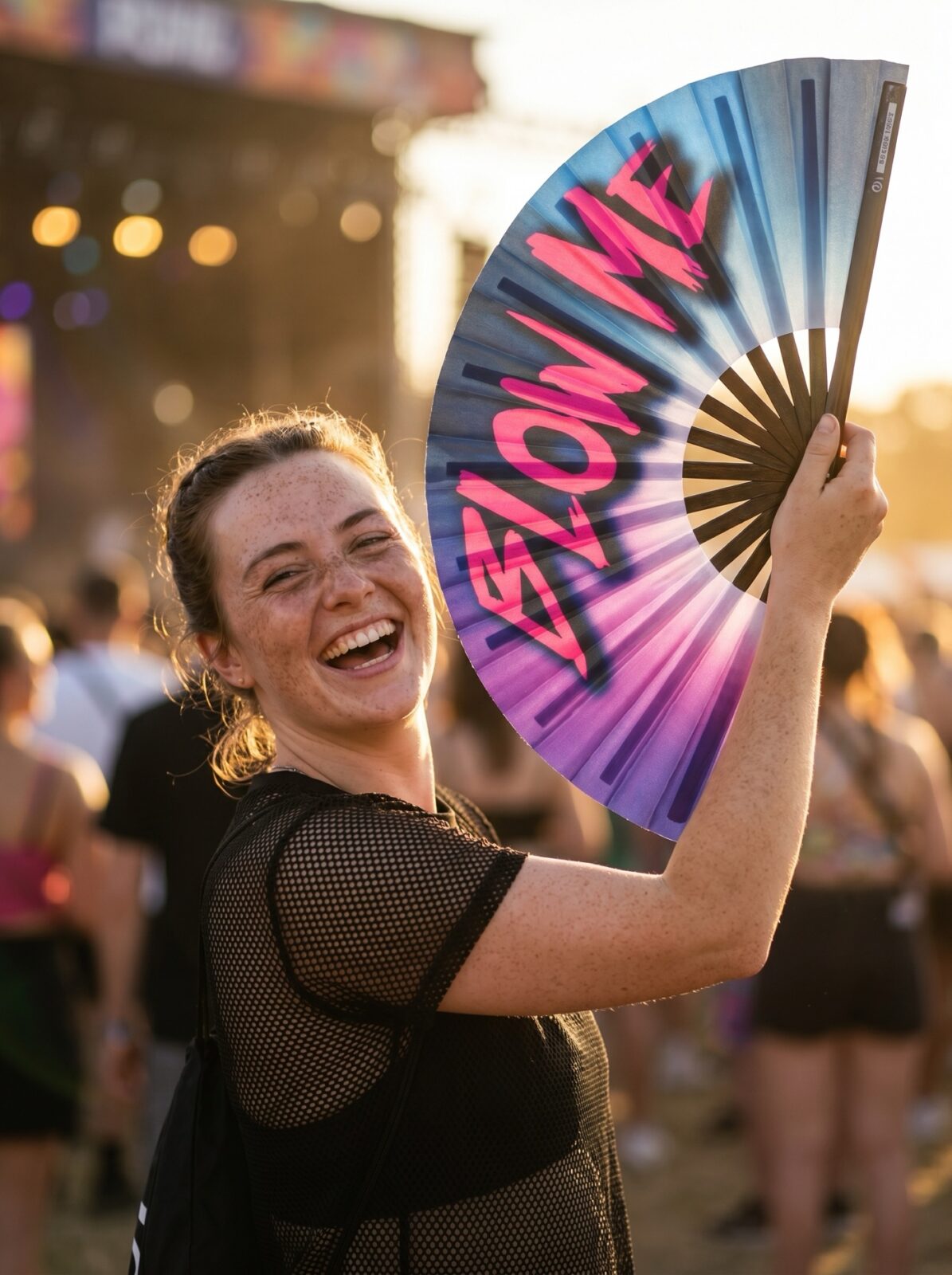 BLOW ME” festival fan i lilla-blå – Rave & CSD accessoire – Visning 3