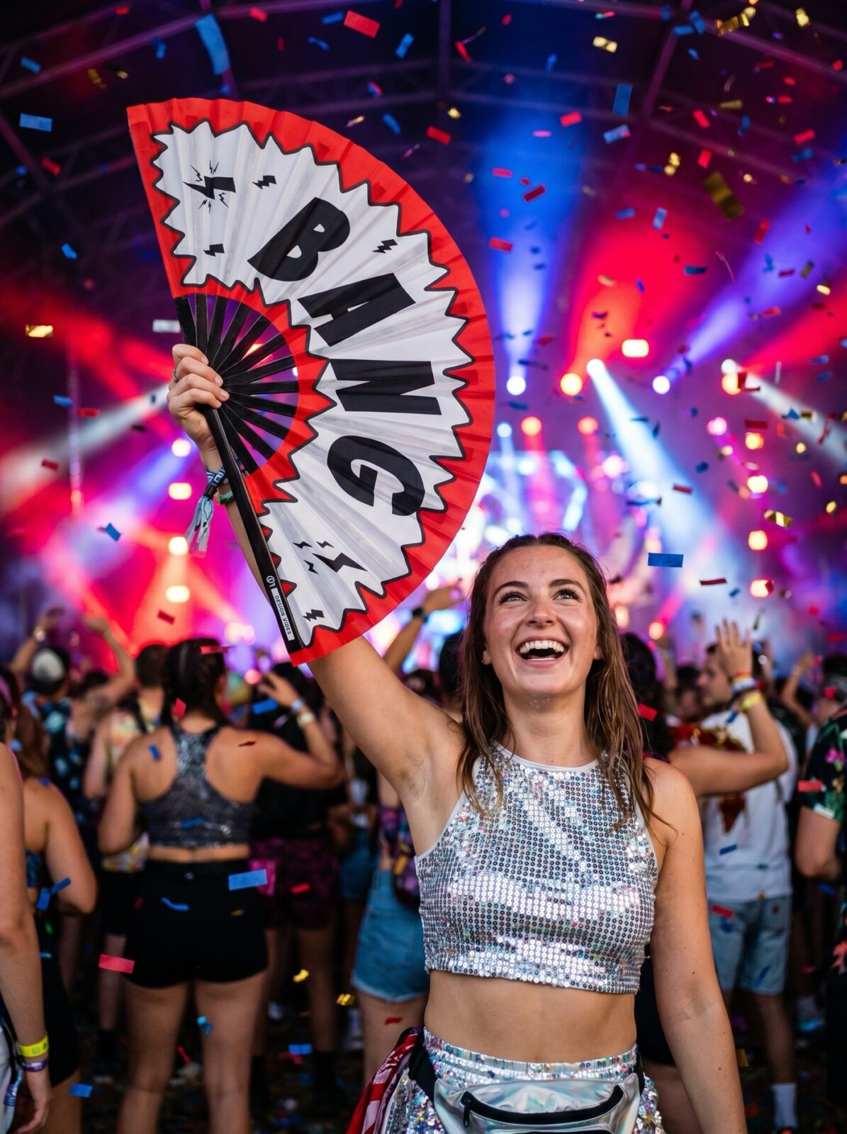 Festival Fan “BANG” comic i rød og hvid – Rave & party accessoire – Visning 4