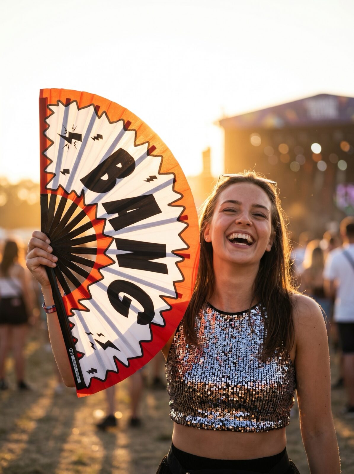 Festival Fan “BANG” comic i rød og hvid – Rave & party accessoire – Visning 3