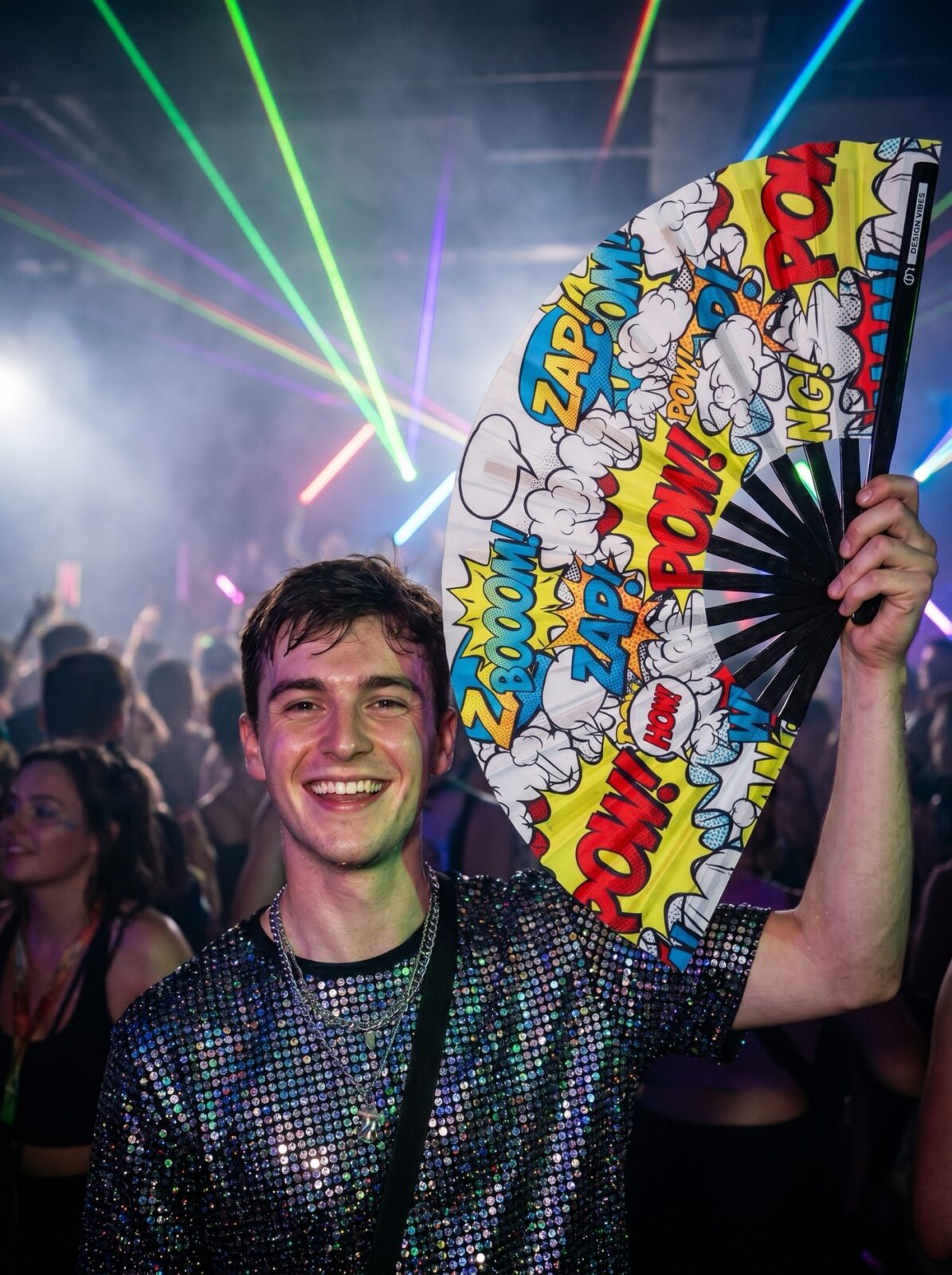 Festival Fan “ZAP BOOM POW” gul comic – Rave & Party – Visning 2