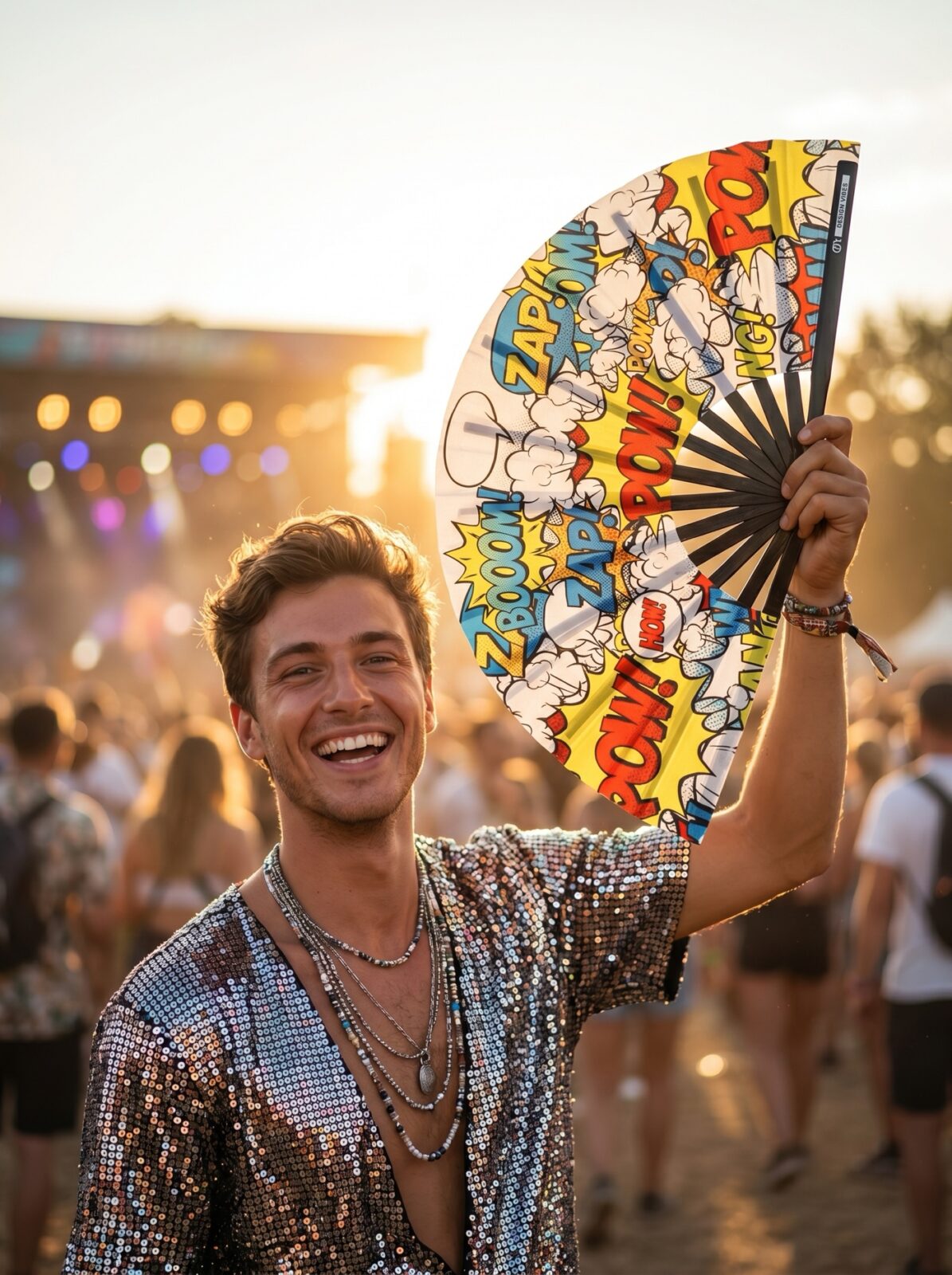 Festival Fan “ZAP BOOM POW” gul comic – Rave & Party – Visning 3