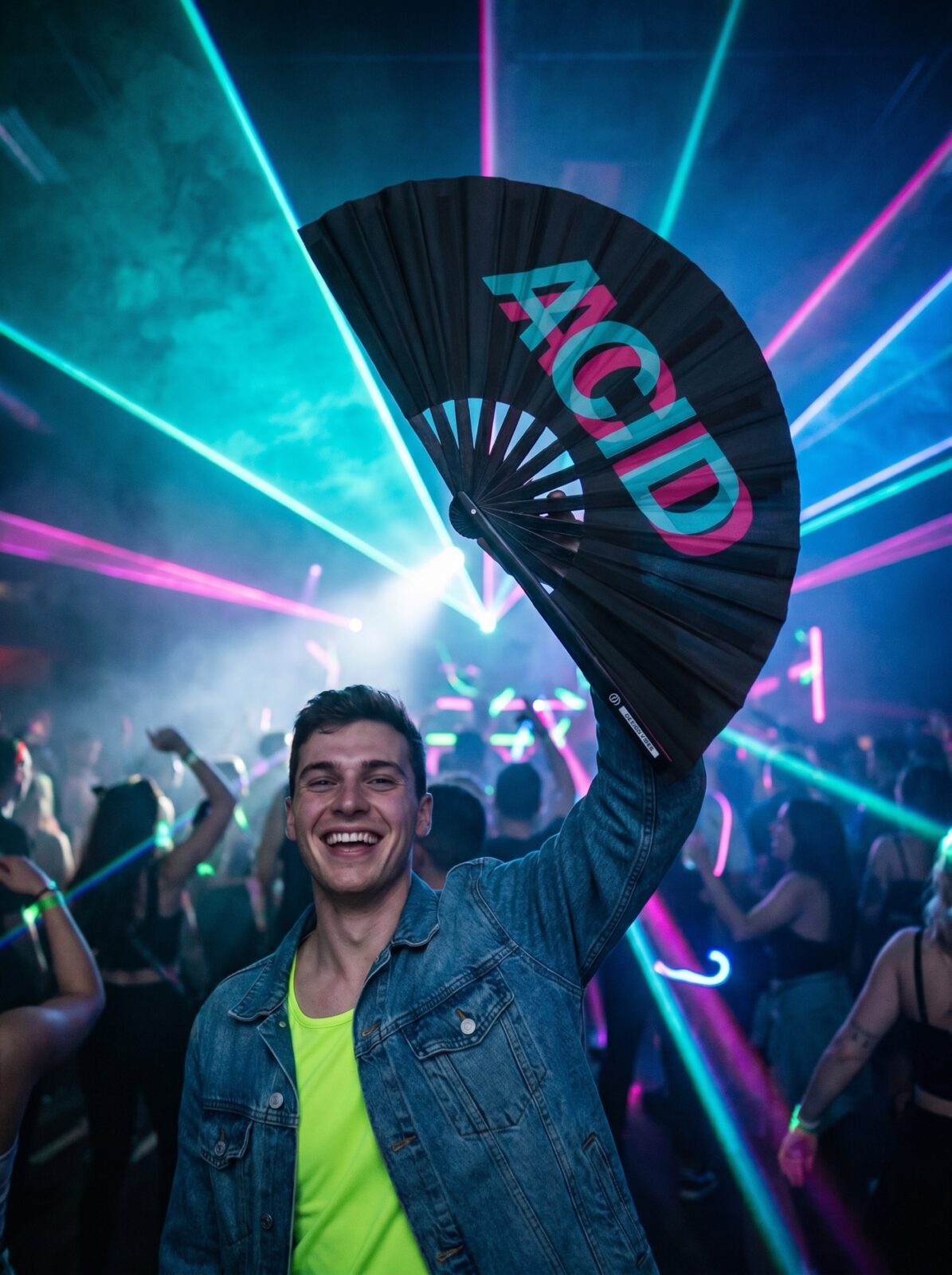Festival Fan “ACID” sort blågrøn-pink – techno & rave accessoire – Visning 2
