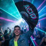 Festival Fan “ACID” sort blågrøn-pink – techno & rave accessoire – Visning 2