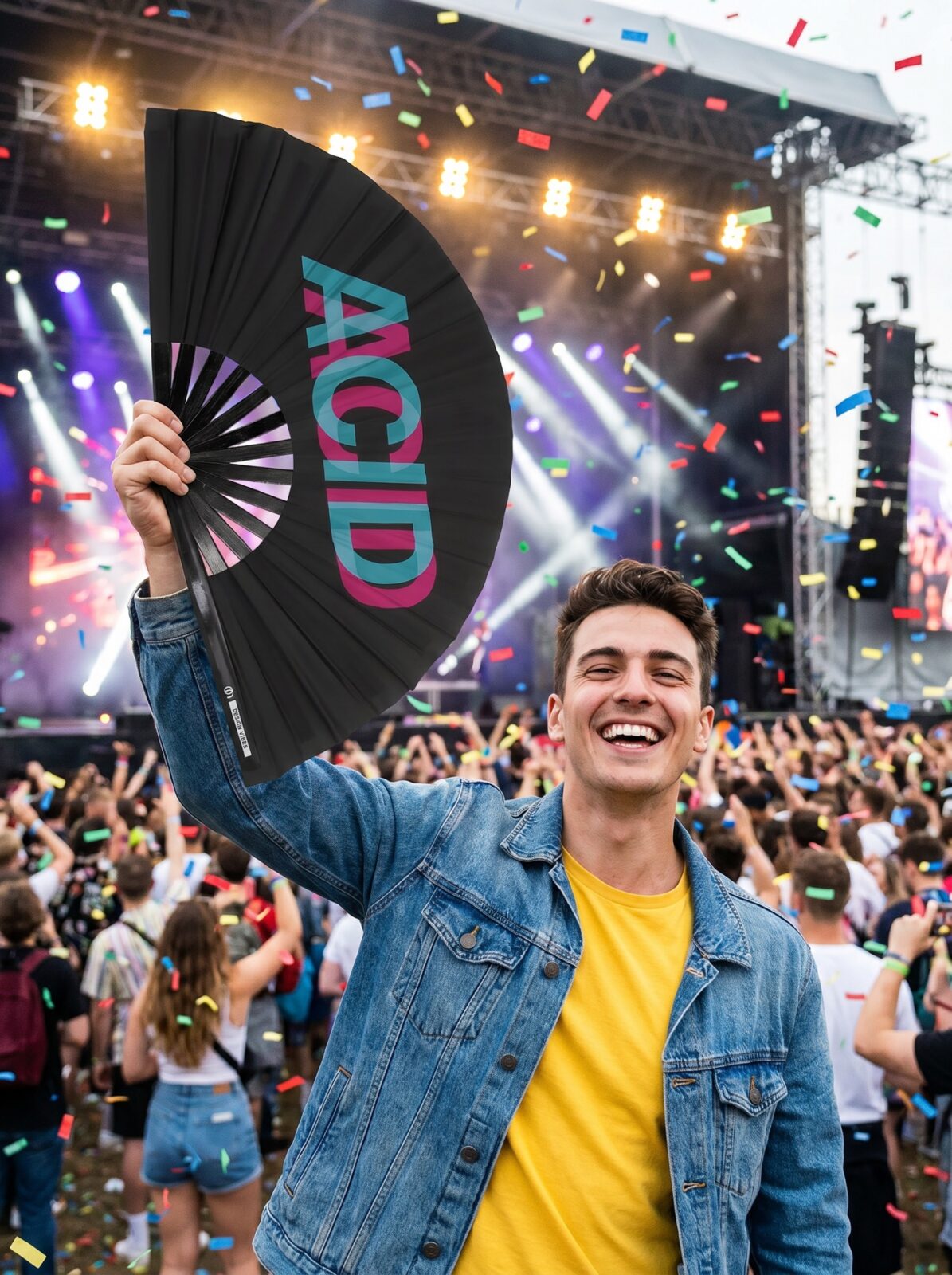 Festival Fan “ACID” sort blågrøn-pink – techno & rave accessoire – Visning 4