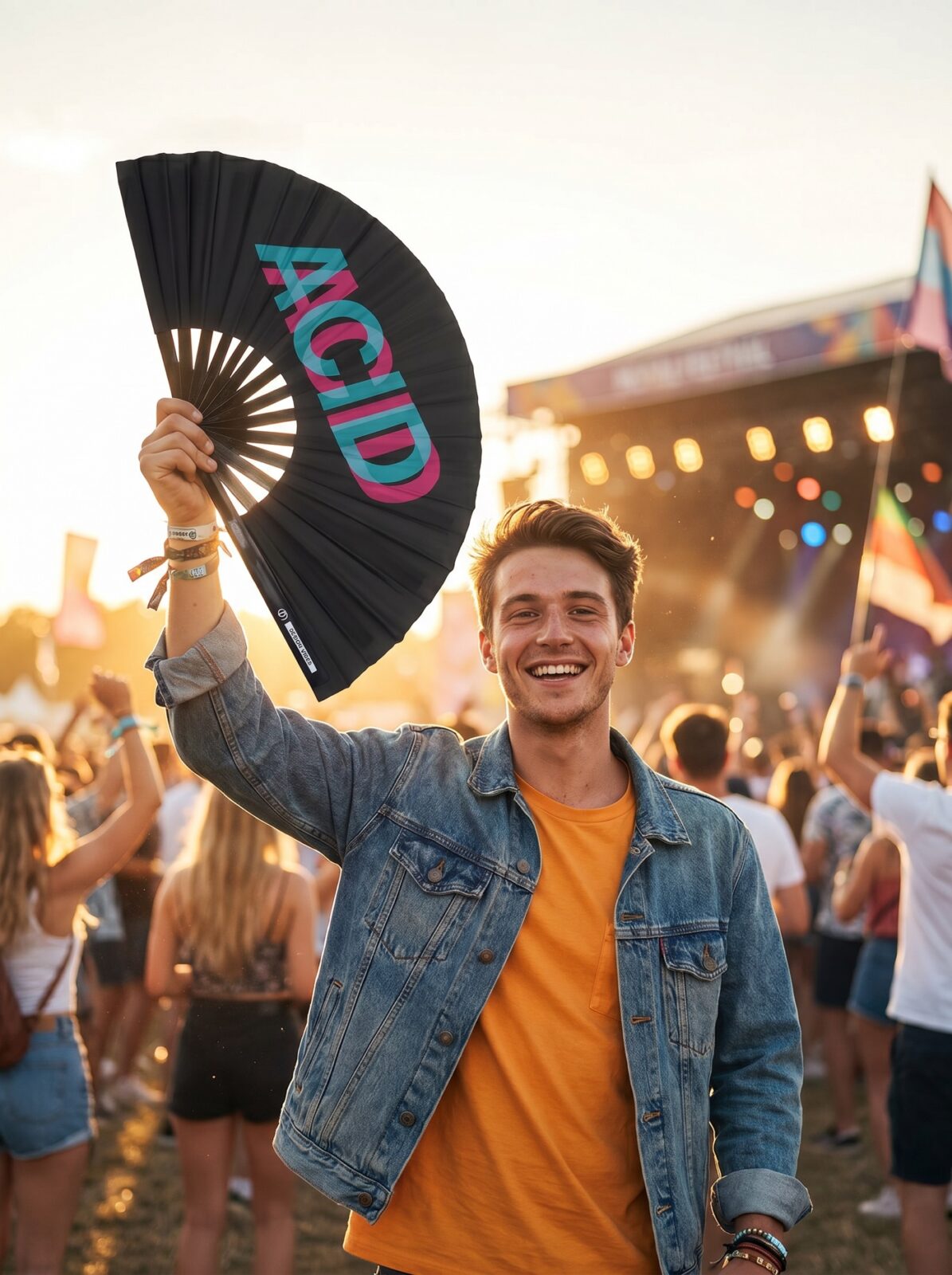 Festival Fan “ACID” sort blågrøn-pink – techno & rave accessoire – Visning 3