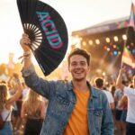 Festival Fan “ACID” sort blågrøn-pink – techno & rave accessoire – Visning 3