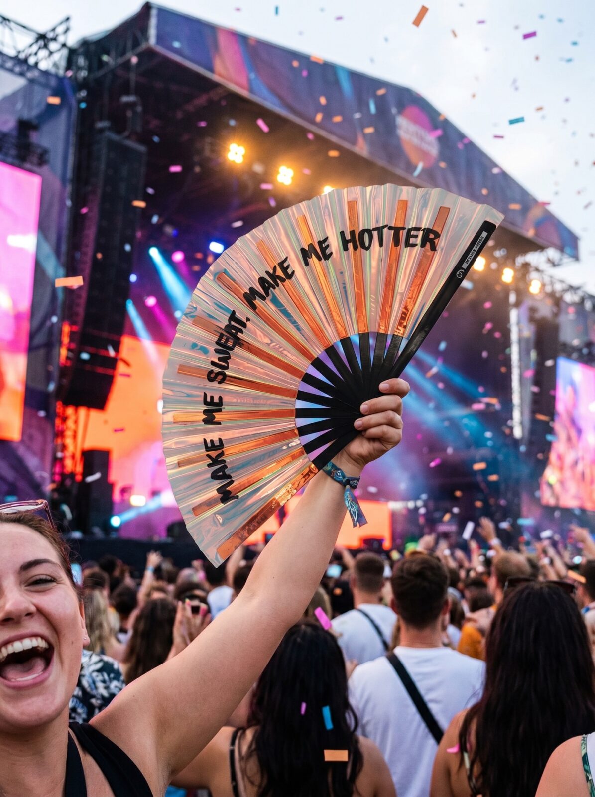Festival Fan “MAKE ME SWEAT” holografisk rosaguld – Rave – Visning 4