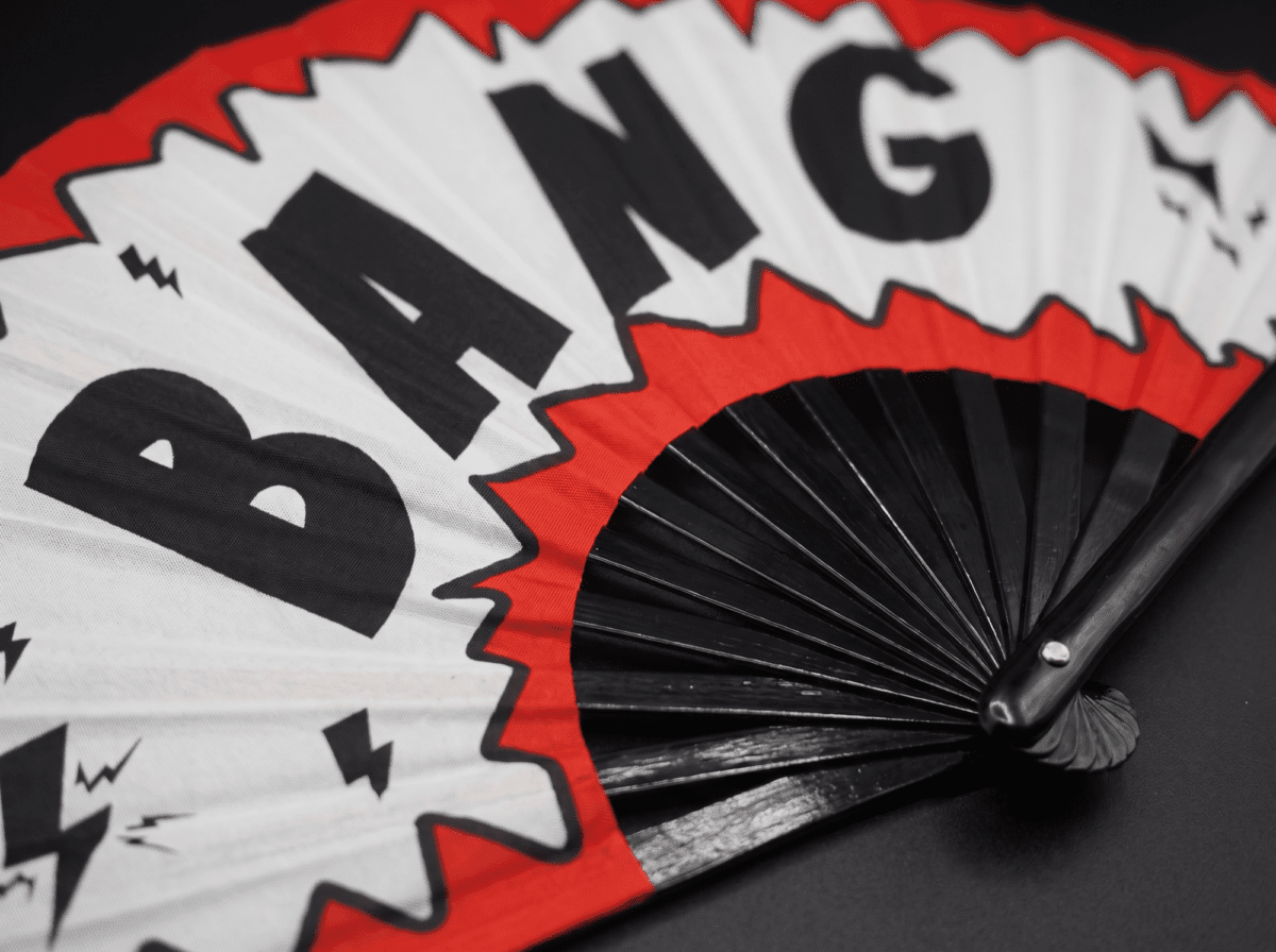 Festival Fan »BANG«, comic i rødt og hvidt, til Rave og fest, Visning 8