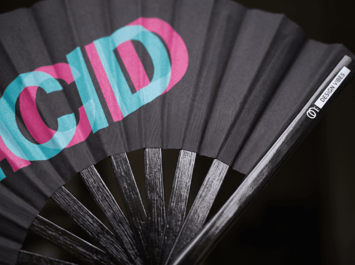 Festival Fan “ACID” sort blågrøn-pink – techno & rave accessoire, Visning 6