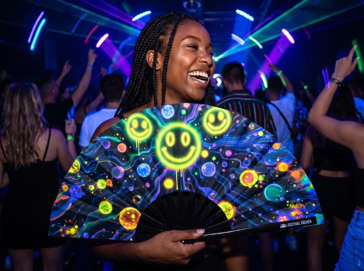 Festival Fan med neon-acid-smileys i sort til Techno og Rave, Visning 2