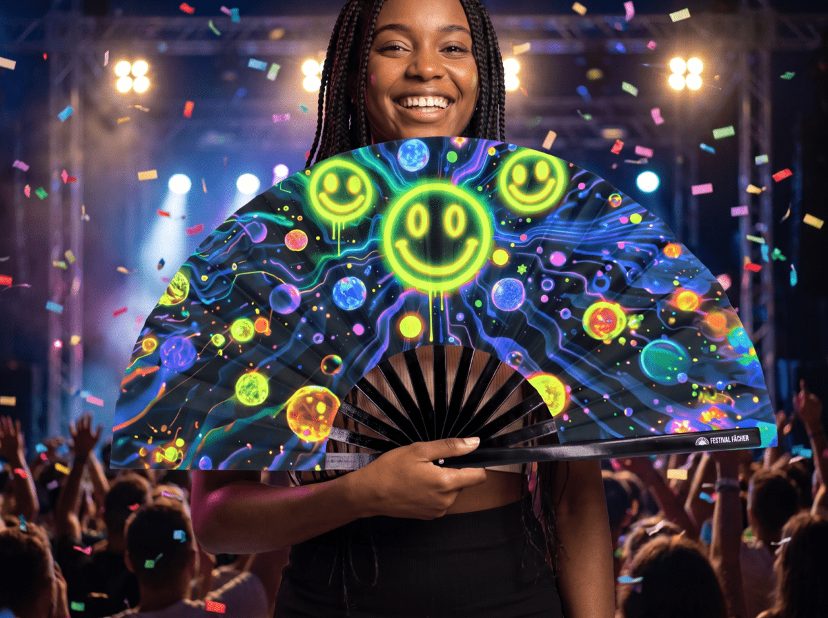 Festival Fan med neon-acid-smileys i sort til Techno og Rave, Visning 4