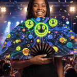 Festival Fan med neon-acid-smileys i sort til Techno og Rave, Visning 4
