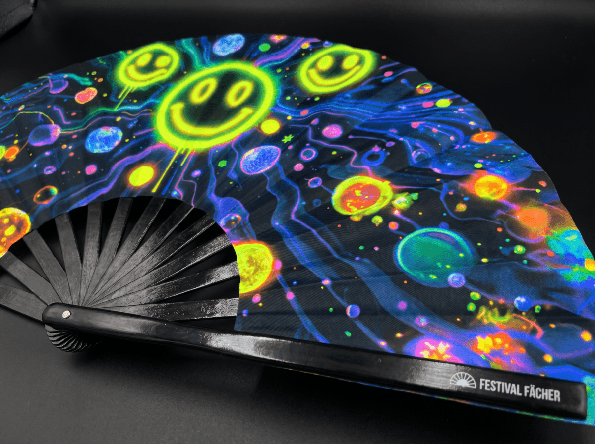 Festival Fan med neon-acid-smileys i sort til Techno og Rave, Visning 6