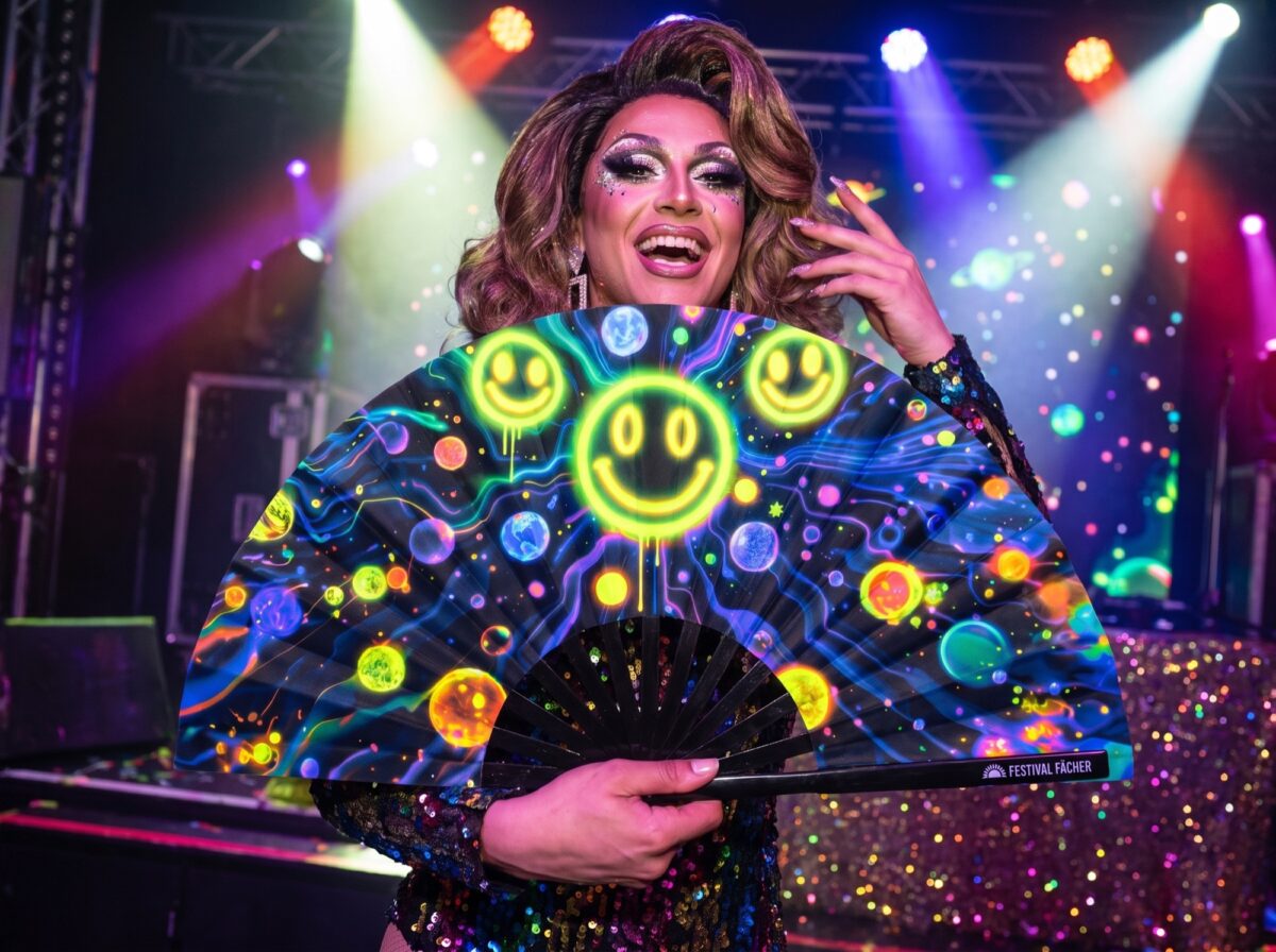 Festival Fan med neon-acid-smileys i sort til Techno og Rave, Visning 5