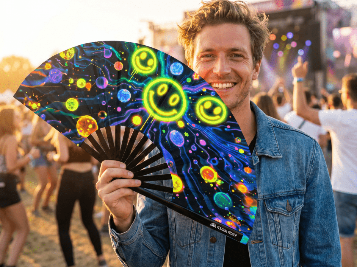 Festival Fan med neon-acid-smileys i sort til Techno og Rave, Visning 3