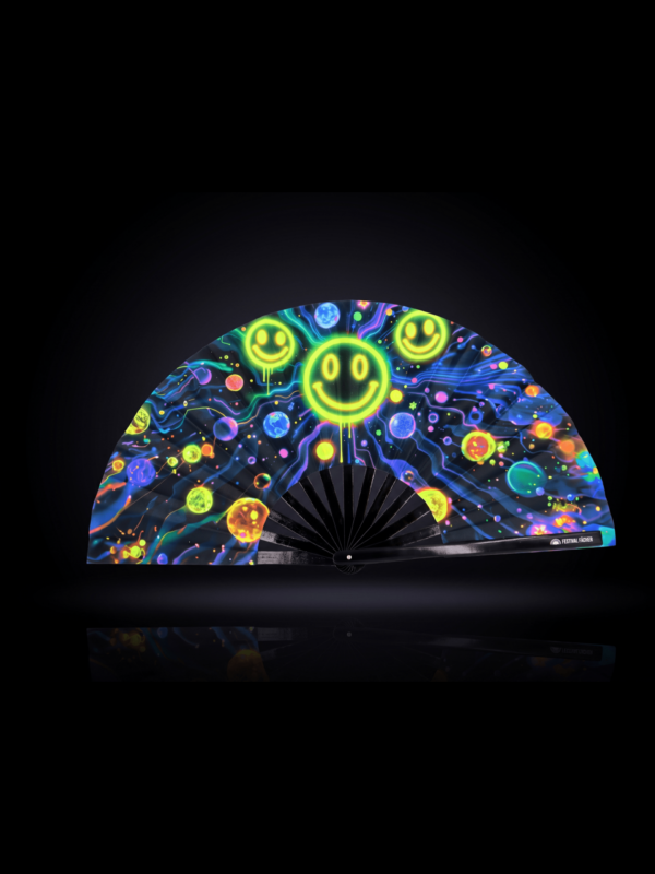 Festival Fan med neon-acid-smileys i sort til Techno og Rave