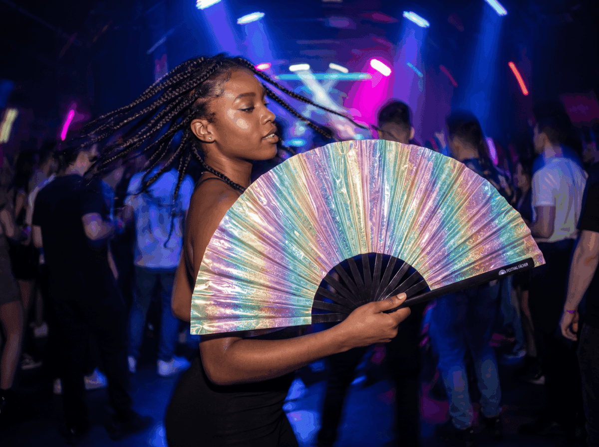 Festival Fans, holografiske, med glimmer og pastelfarvede regnbue-motiver til festivaler og Rave-fester, Visning 2