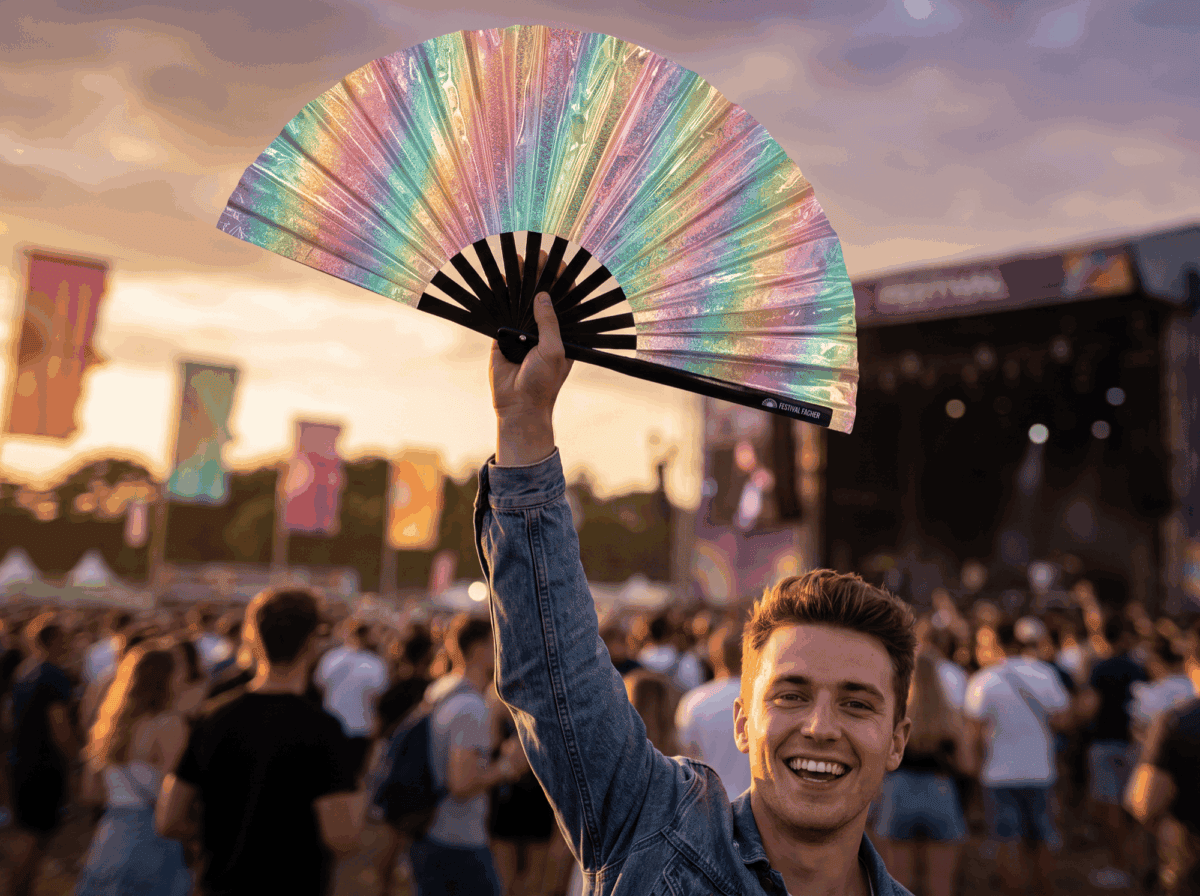 Festival Fans, holografiske, med glimmer og pastelfarvede regnbue-motiver til festivaler og Rave-fester, Visning 3