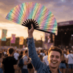 Festival Fans, holografiske, med glimmer og pastelfarvede regnbue-motiver til festivaler og Rave-fester, Visning 3