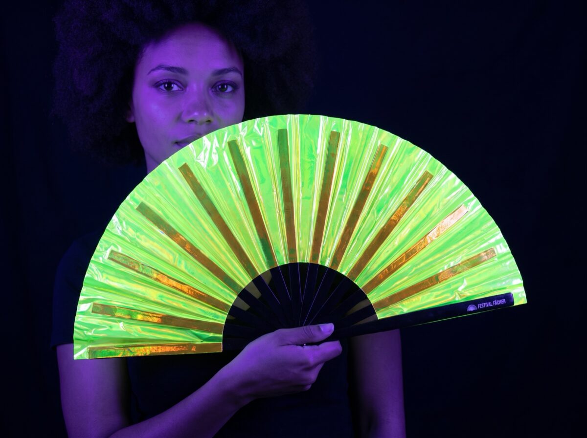 Festival Fans, holografisk, gennemsigtig, neongrøn, til rave og Techno Rave (UV)
