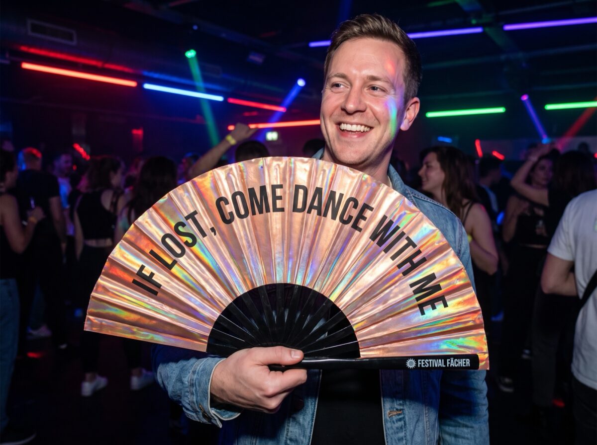 Festival Fan »IF LOST, COME DANCE WITH ME« i holografisk kobber til festivaler og Rave-fester, Visning 2