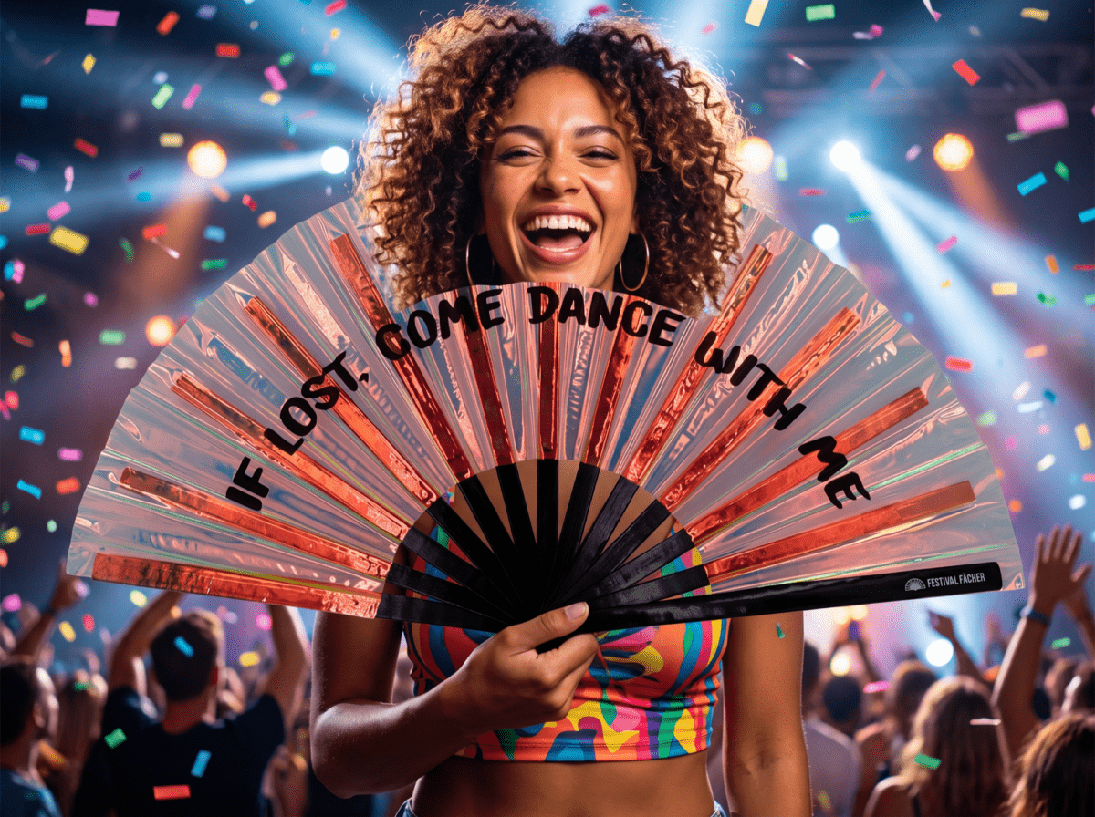 Festival Fan »IF LOST, COME DANCE WITH ME« i holografisk kobber til festivaler og Rave-fester, Visning 4