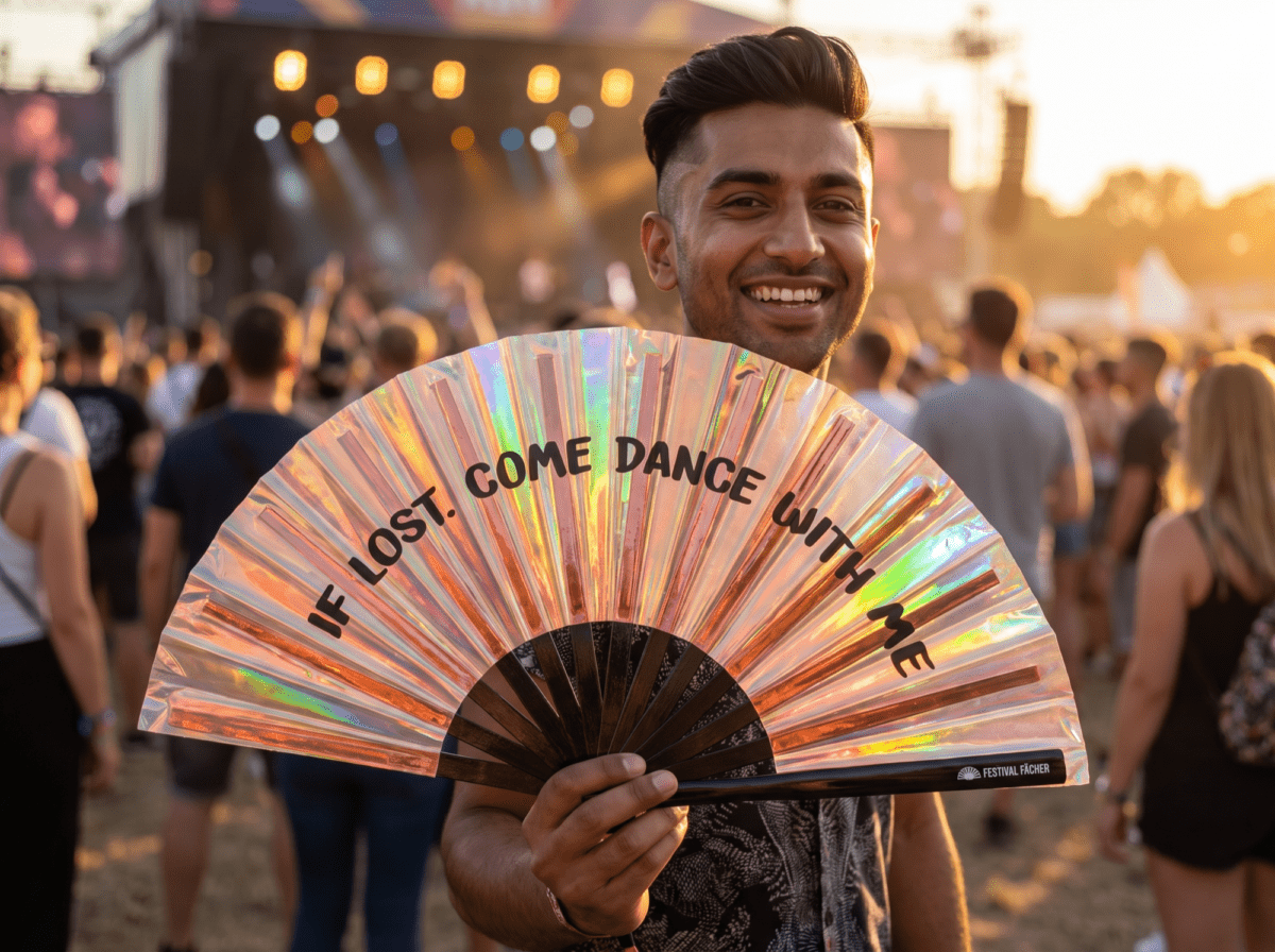 Festival Fan »IF LOST, COME DANCE WITH ME« i holografisk kobber til festivaler og Rave-fester, Visning 3
