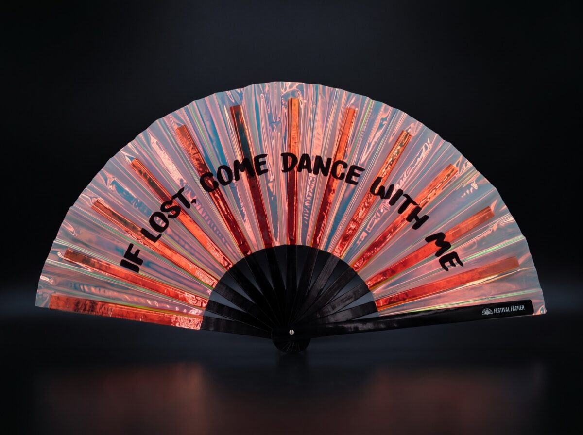 Festival Fan »IF LOST, COME DANCE WITH ME« i holografisk kobber til festivaler og Rave-fester