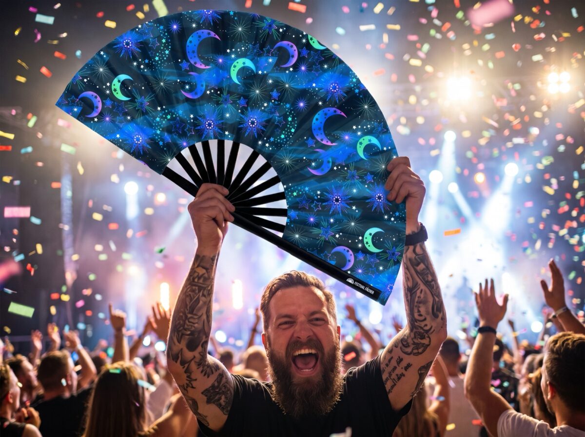 Festival Fan »Måne & Stjerner« natblå til festival og boho-stil, Visning 4