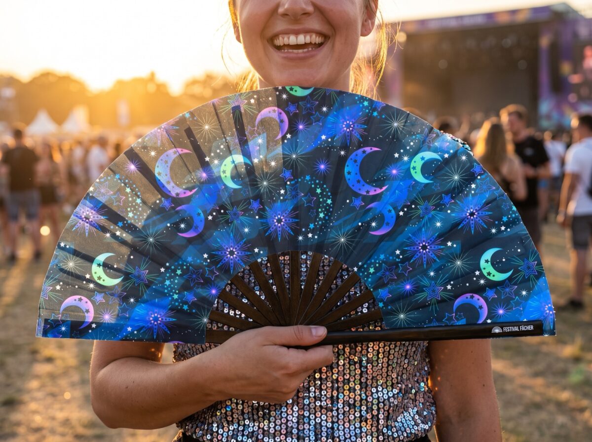 Festival Fan »Måne & Stjerner« natblå til festival og boho-stil, Visning 3