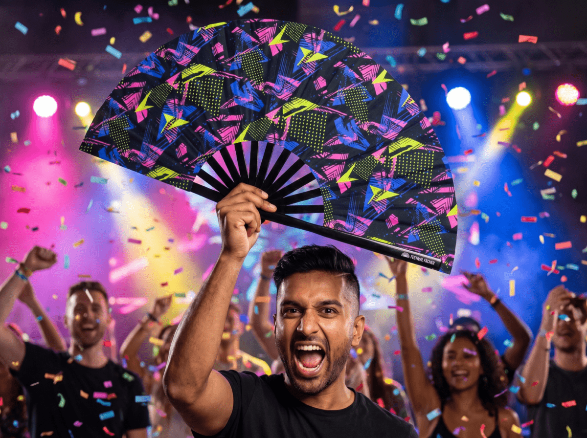 Festival Fan i neonfarver med geometriske mønstre i sort til Techno og Rave, Visning 4