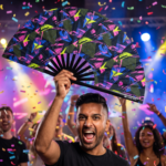 Festival Fan i neonfarver med geometriske mønstre i sort til Techno og Rave, Visning 4