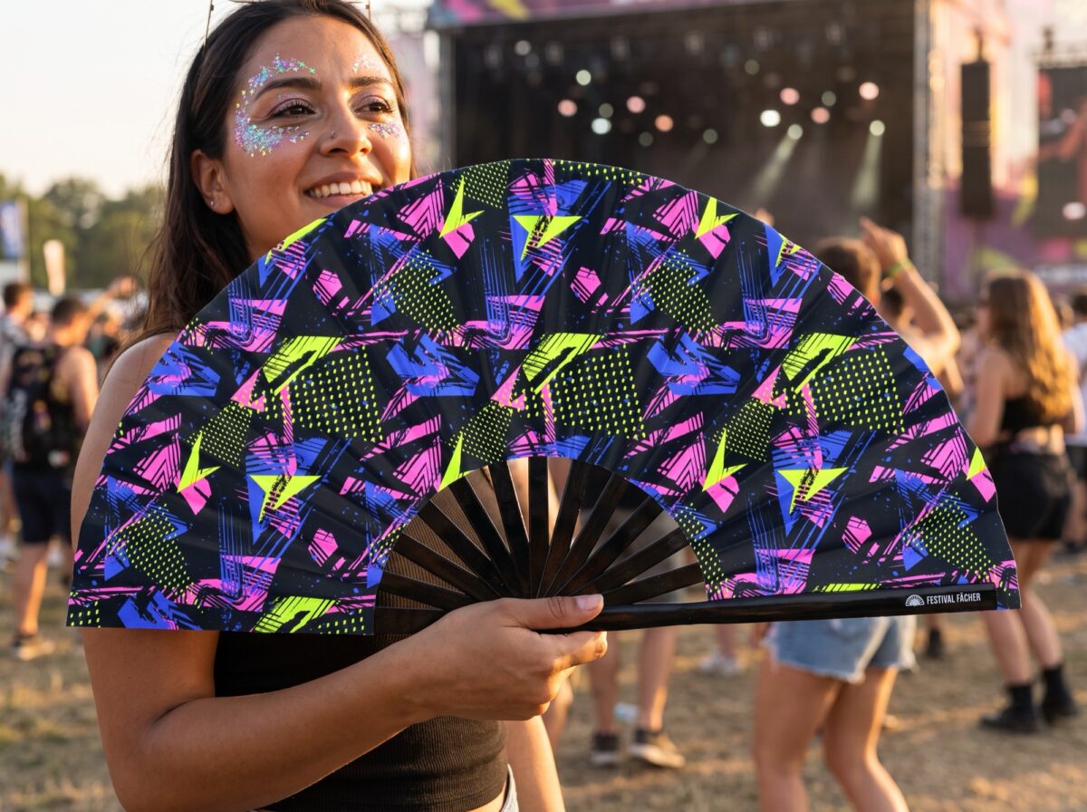 Festival Fan i neonfarver med geometriske mønstre i sort til Techno og Rave, Visning 3