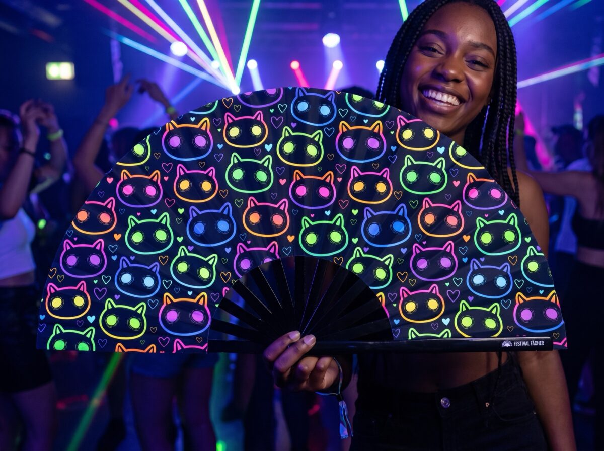 Festival Fan med neonkatte i sort til rave og festivaler, Visning 2