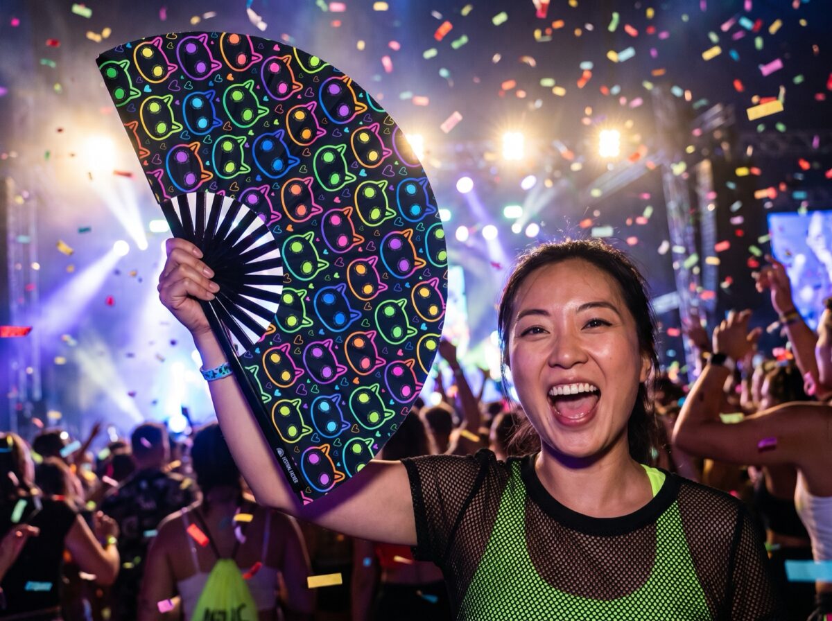 Festival Fan med neonkatte i sort til rave og festivaler, Visning 4