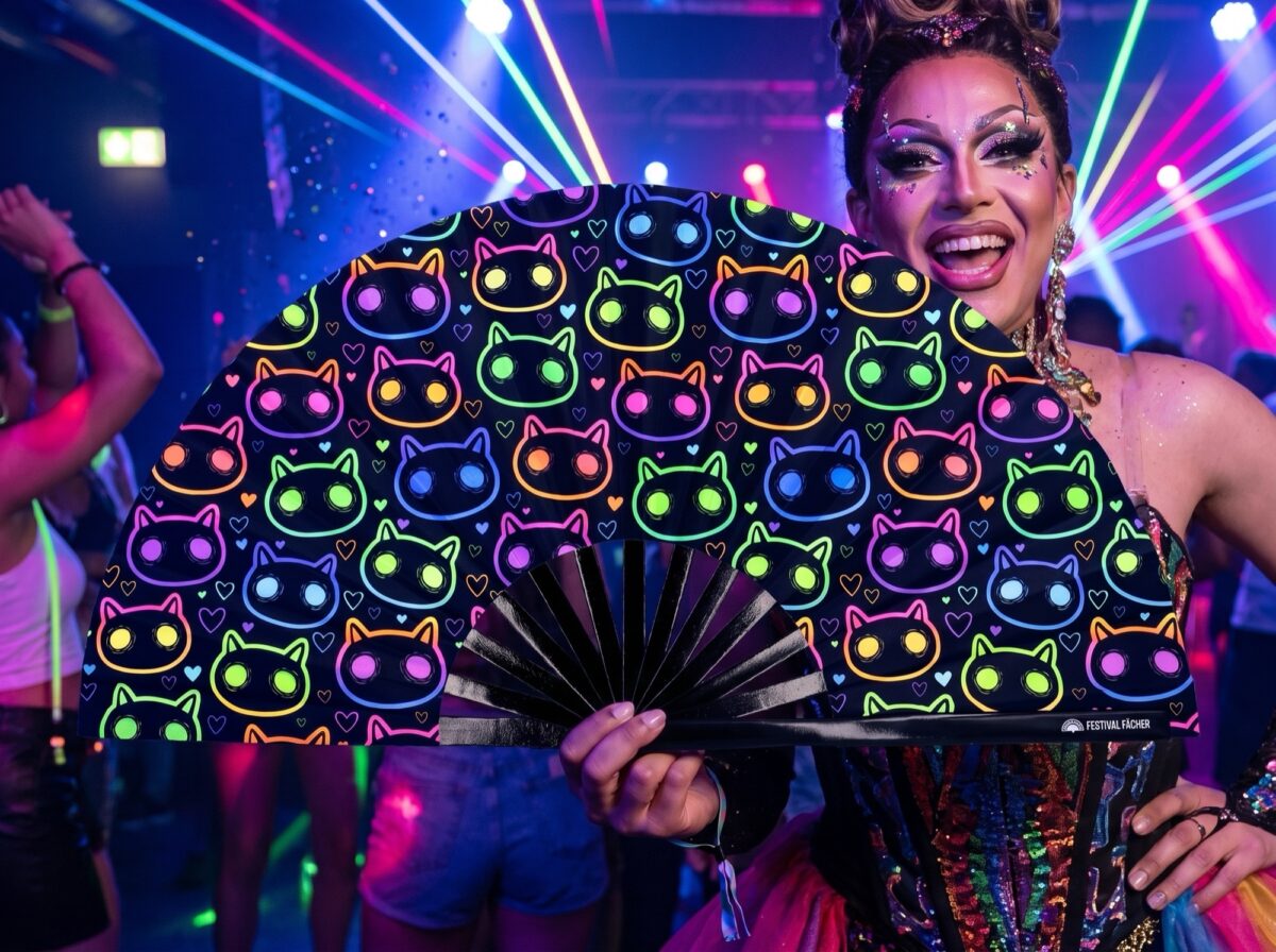Festival Fan med neonkatte i sort til rave og festivaler, Visning 5