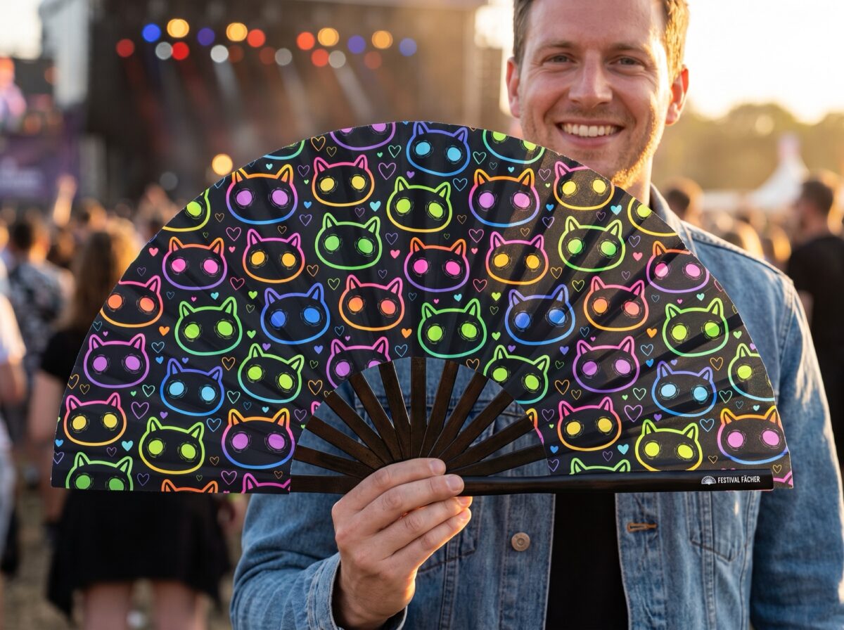 Festival Fan med neonkatte i sort til rave og festivaler, Visning 3