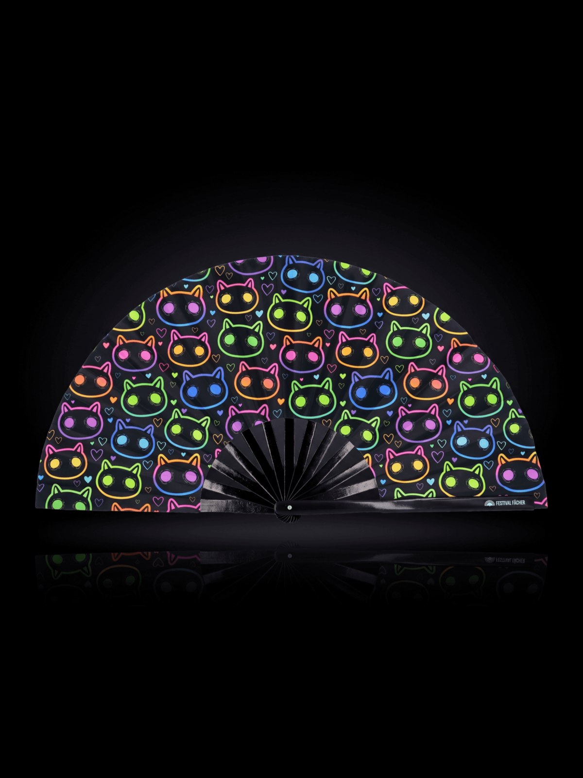 Festival Fan med neonkatte i sort til rave og festivaler