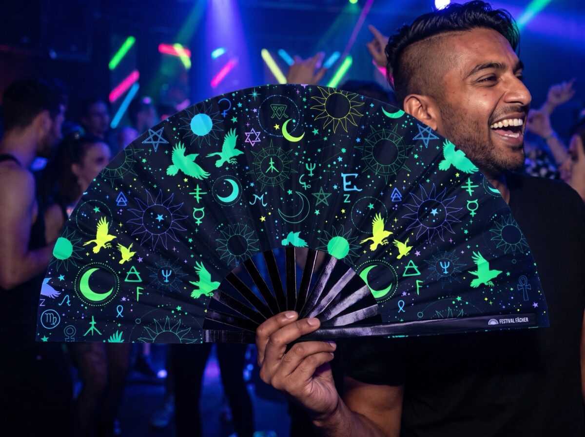 Festival Fans med okkulte symboler i neon-sort til psytrance og Rave, Visning 2