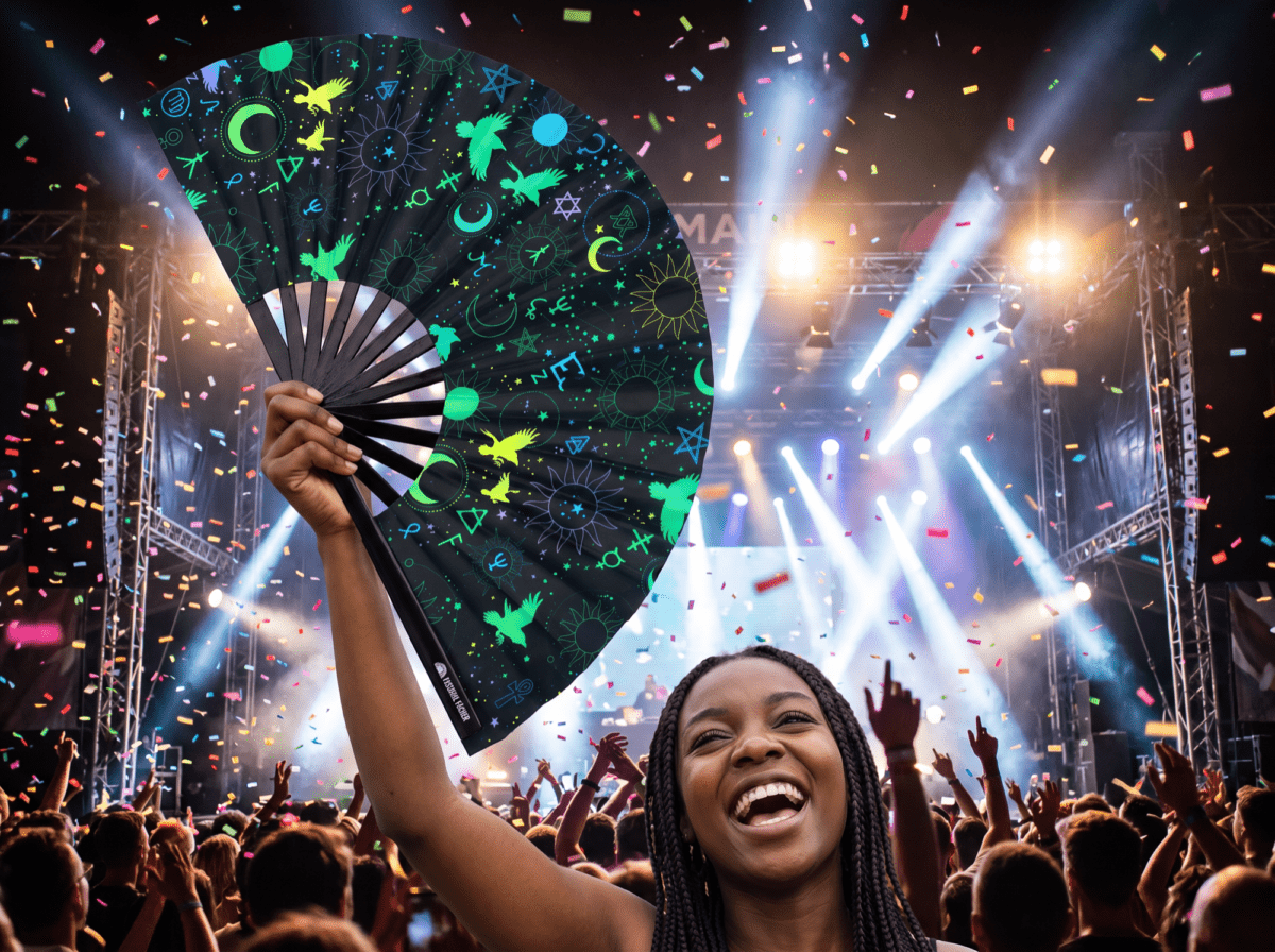 Festival Fans med okkulte symboler i neon-sort til psytrance og Rave, Visning 4