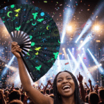 Festival Fans med okkulte symboler i neon-sort til psytrance og Rave, Visning 4
