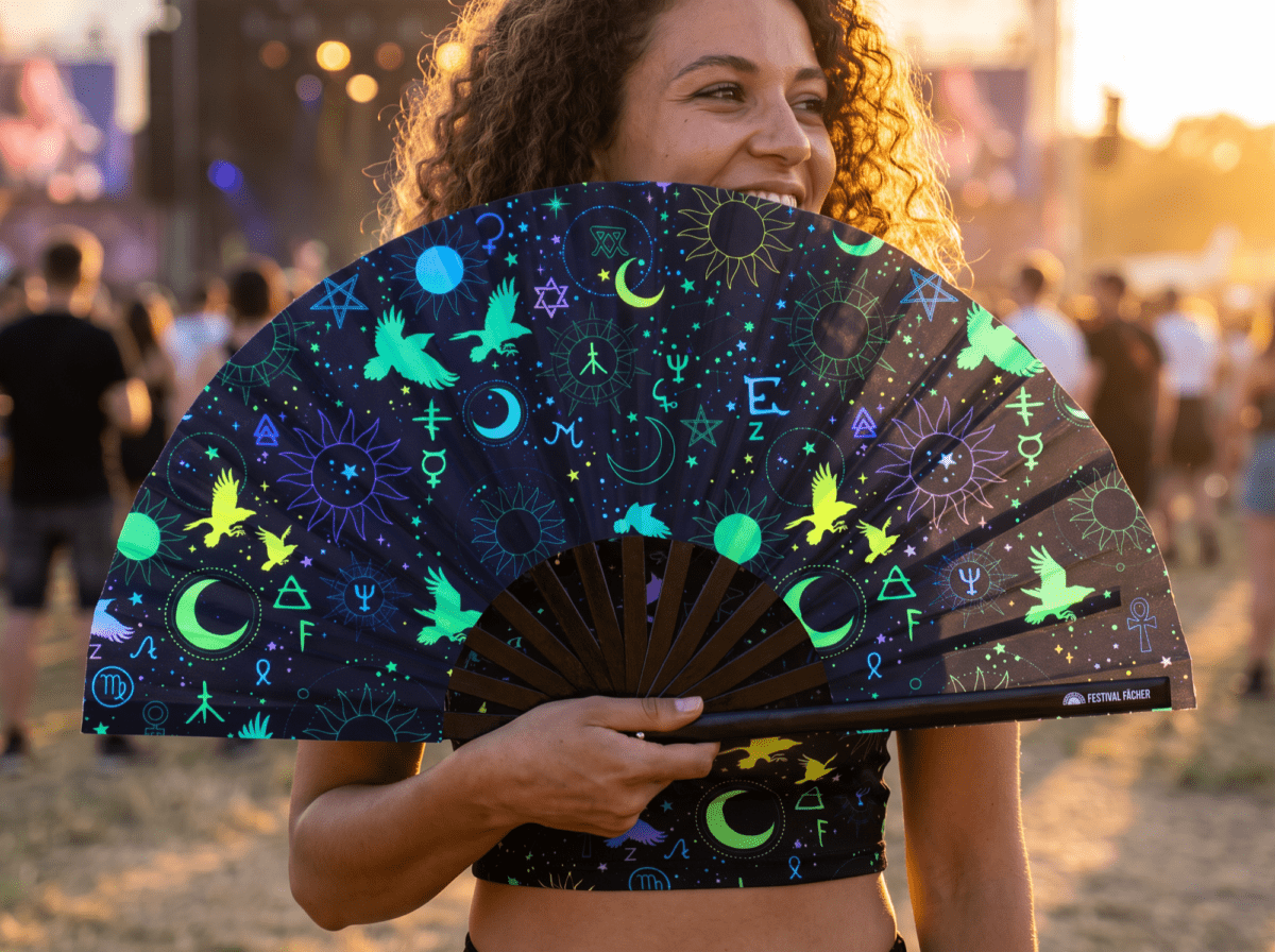 Festival Fans med okkulte symboler i neon-sort til psytrance og Rave, Visning 3