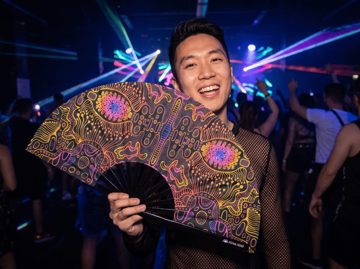 Festival Fan med neonmønster i sort til psytrance og Goa, Visning 2
