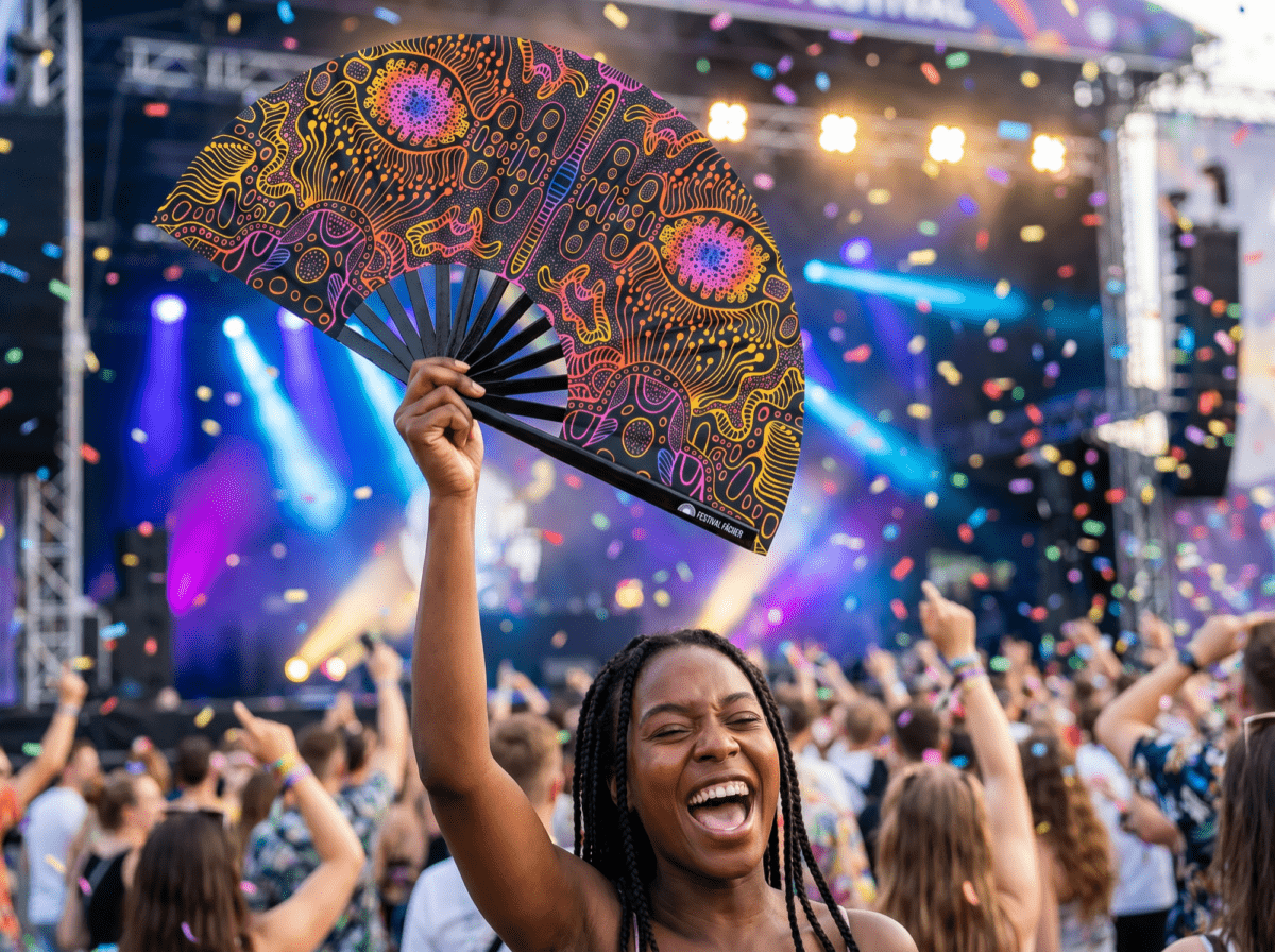 Festival Fan med neonmønster i sort til psytrance og Goa, Visning 4