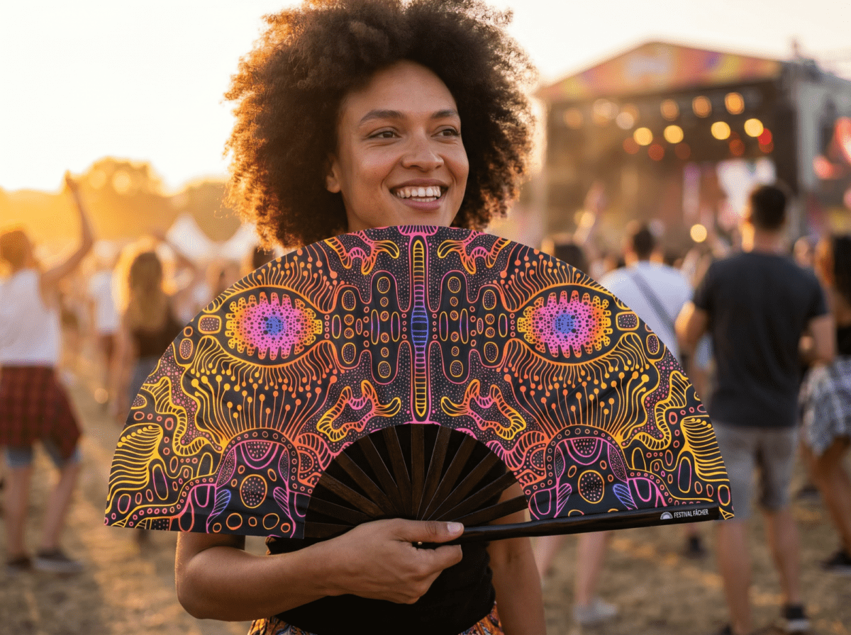 Festival Fan med neonmønster i sort til psytrance og Goa, Visning 3