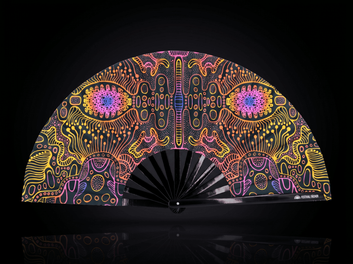 Festival Fan med neonmønster i sort til psytrance og Goa