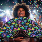 Festival Fan med neonfarvede svampe, farverige på sort baggrund til psytrance og Goa, Visning 4
