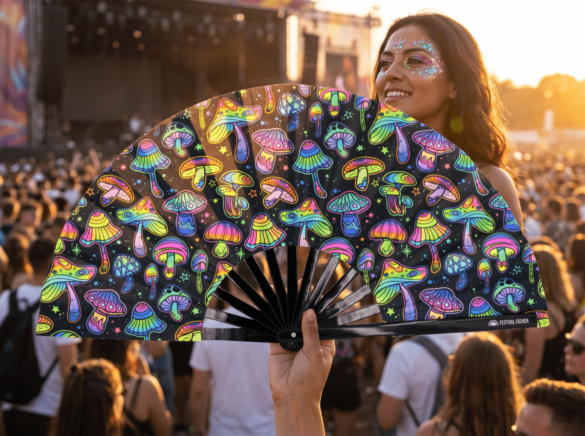 Festival Fan med neonfarvede svampe, farverige på sort baggrund til psytrance og Goa, Visning 3