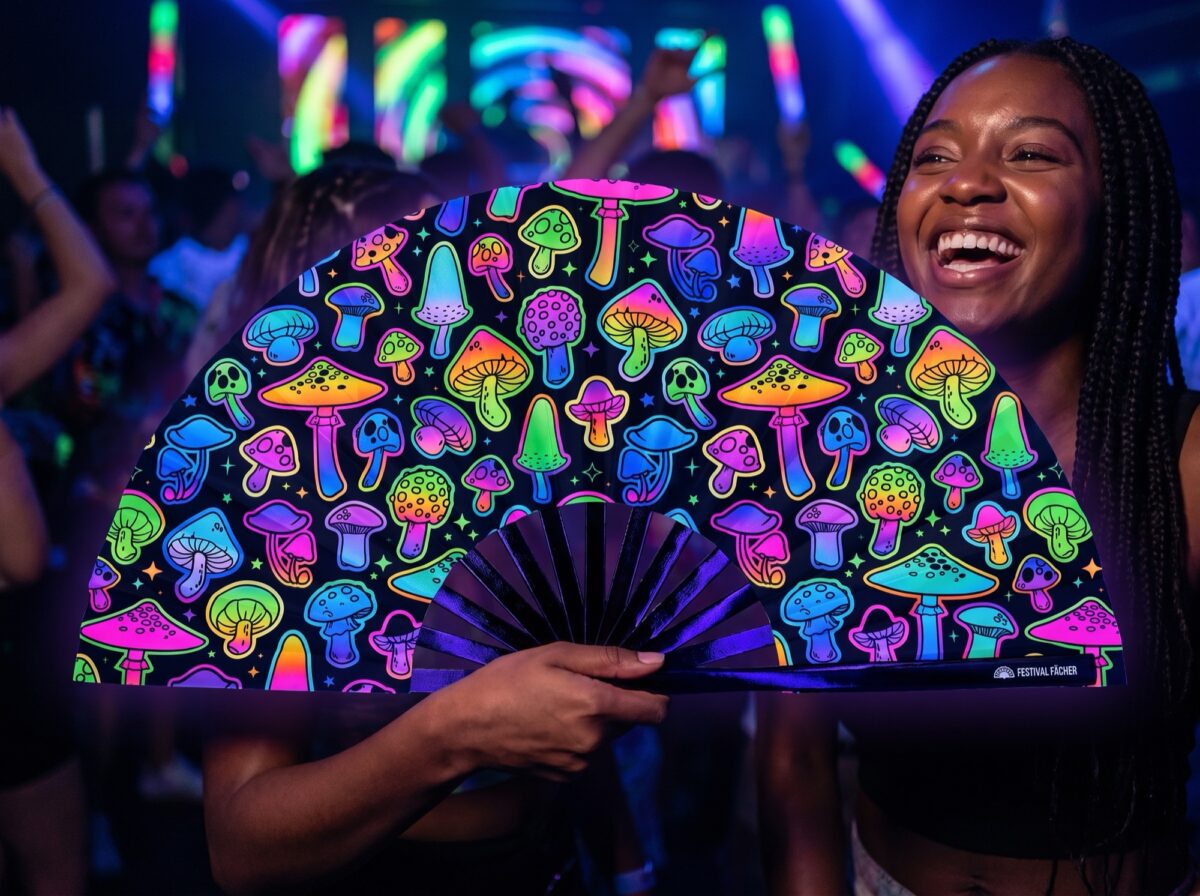 Festival Fan med neonfarvede svampe, airbrush, sort, til Goa & Psytrance, Visning 2