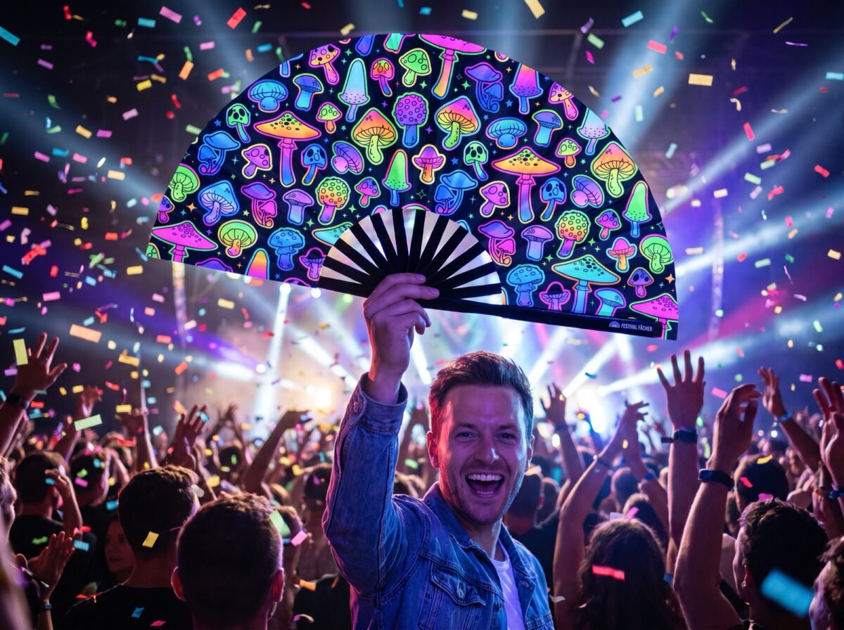 Festival Fan med neonfarvede svampe, airbrush, sort, til Goa & Psytrance, Visning 4